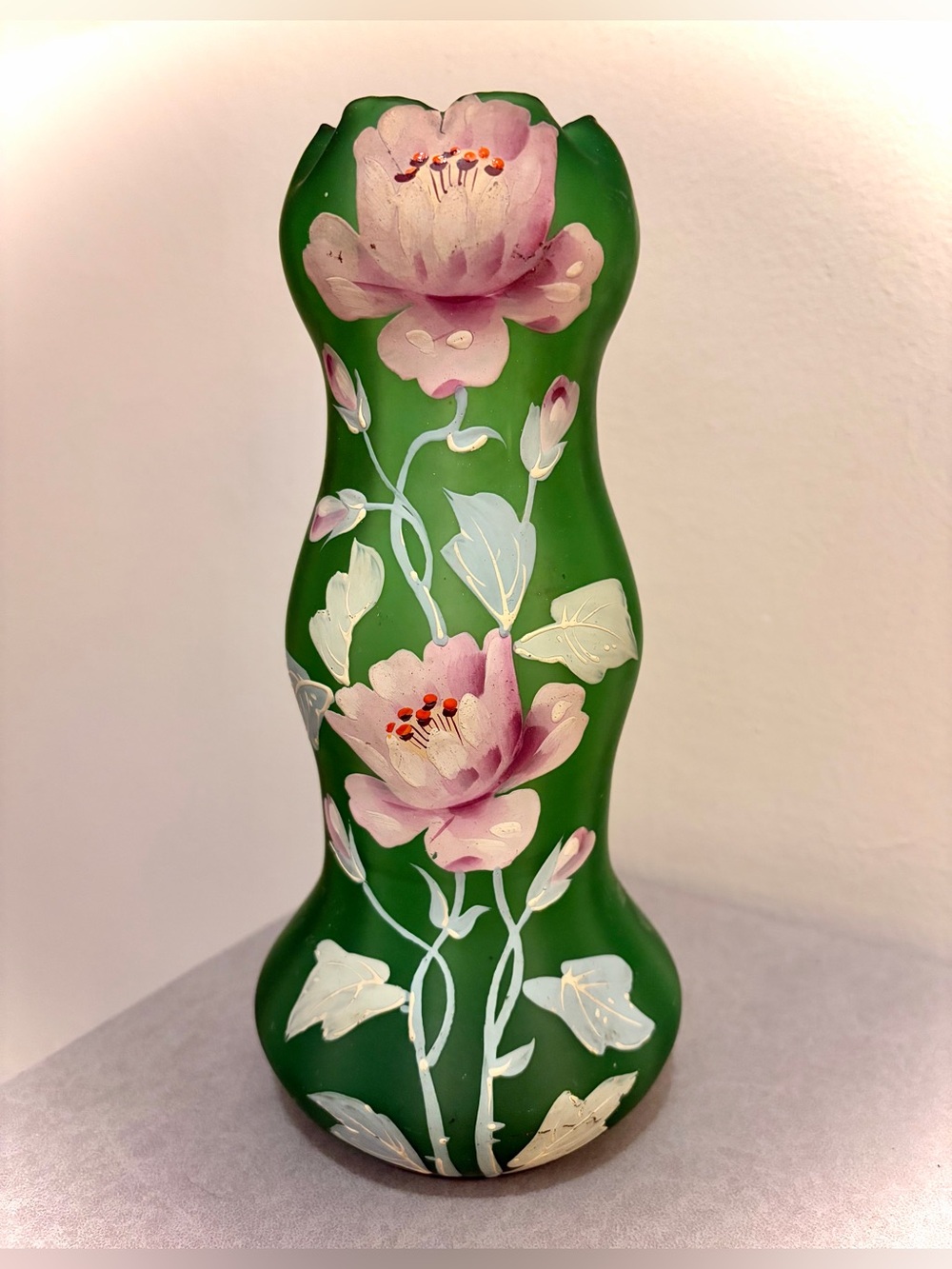 Carl Goldberg Antique Bohemian Floral Hand Painted Vase, Green Satin Glass 9”